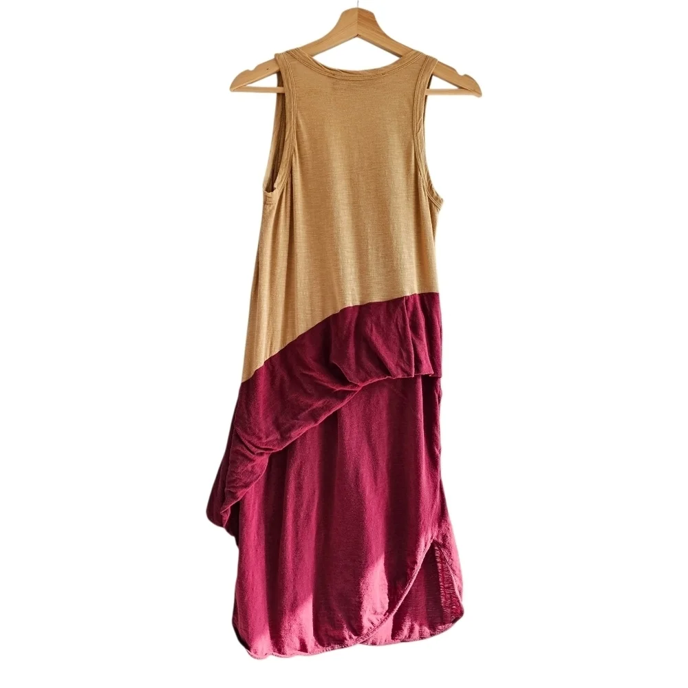 COVEN Brasil Color Block Draped Asymmetric Hem Midi Dress, Tan Burgundy , Size S